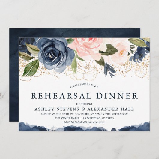 Elegant Navy Floral Gold Blush Rehearsal Dinner Kaart (Voorkant / Achterkant)