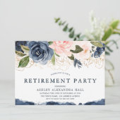 Elegant Navy Floral Gold Blush Retirement Party Kaart (Staand voorkant)