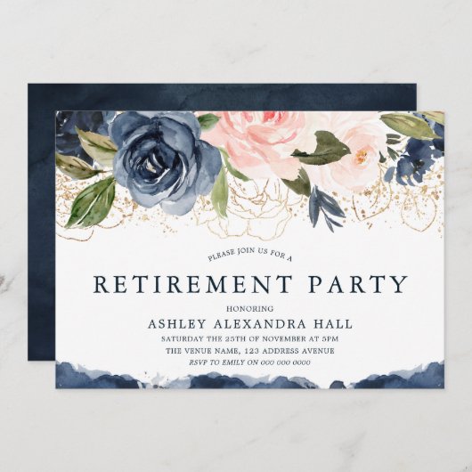Elegant Navy Floral Gold Blush Retirement Party Kaart (Voorkant / Achterkant)