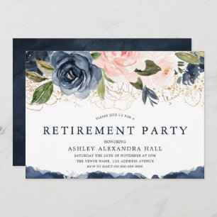 Elegant Navy Floral Gold Blush Retirement Party Kaart