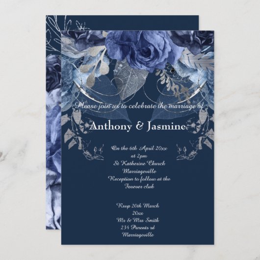 ELEGANT NAVY FLORAL ROOS WEDDING INVITATION KAART (Voorkant / Achterkant)