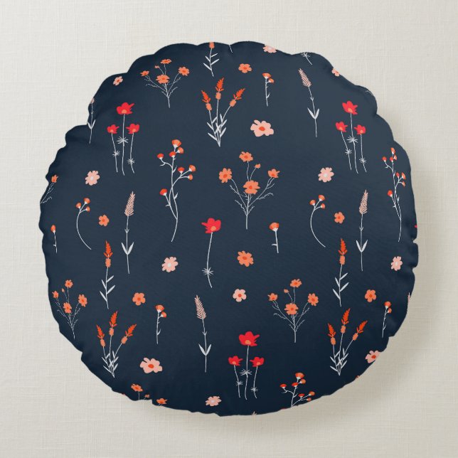 Elegant Navy Floral Round Pillow Rond Kussen (Voorkant)