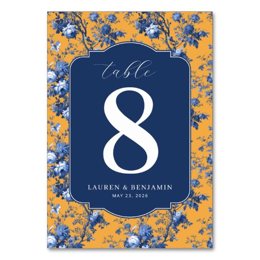 Elegant Navy Floral Table Number Kaart (Voorkant)