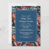 Elegant Navy Floral Teal RSVP QR code Wedding Kaart (Voorkant)