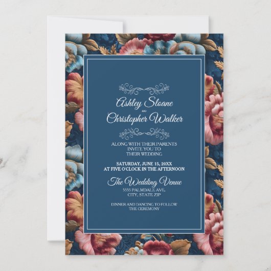 Elegant Navy Floral Teal RSVP QR code Wedding Kaart (Voorkant)