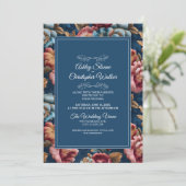 Elegant Navy Floral Teal RSVP QR code Wedding Kaart (Staand voorkant)
