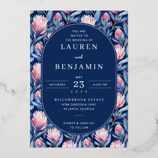 Elegant Navy Floral Wedding Invitation Folie Uitnodiging (Voorkant)