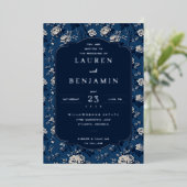Elegant Navy Floral Wedding Invitation Folie Uitnodiging (Staand Voorkant)