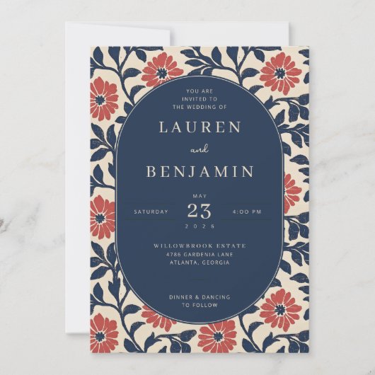 Elegant Navy Floral Wedding Invitation Kaart (Voorkant)