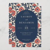 Elegant Navy Floral Wedding Invitation Kaart (Voorkant / Achterkant)