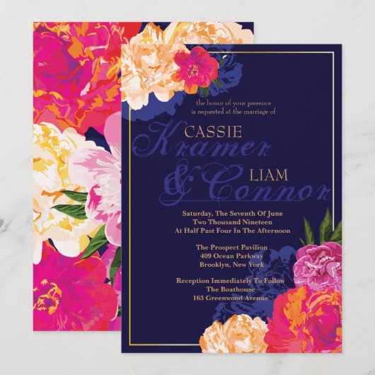 Elegant Navy Floral Wedding Invitations Kaart (Voorkant / Achterkant)