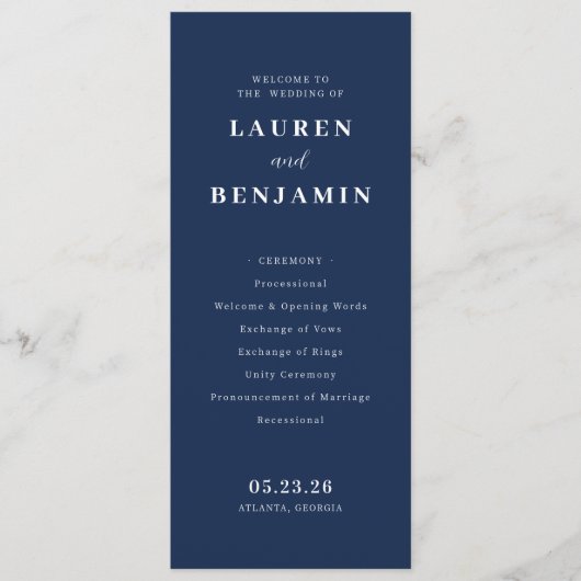 Elegant Navy Formal Wedding Ceremony Programmakaart (Voorkant)