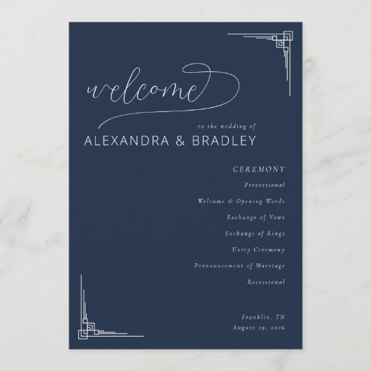 Elegant Navy Geometric Wedding Ceremony Schedule Programmakaart (Voorkant)