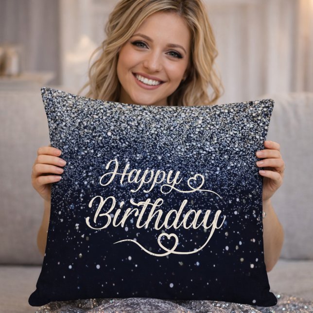 Elegant Navy Glitter Happy Birthday Throw Pillow Kussen (Creator heeft geüpload)