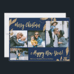 Elegant Navy Gold 4 Photo Collage-kerstkaart<br><div class="desc">Elegant, modern goud en zeemansbotanische bladeren 4 Foto-Collage Merry kerstvakantiekaartje. Deze festieve, minimalistische, grillige sjabloon met vier (4) fotovakantiekaarten is voorzien van een fotocollage, faux gouden bladbladeren met botanische bladeren, winterbessen en zegt "Vrolijk Kerstfeest en Gelukkig Nieuwjaar"! De groettekst "Vrolijk Kerstmis en Gelukkig Nieuwjaar" is geschreven in een mooi lettertype...</div>