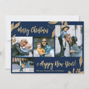 Elegant Navy Gold 4 Photo Collage-kerstkaart