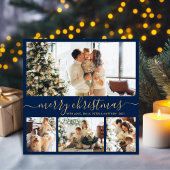 Elegant Navy Gold 4 Photo Collage Kerstmis Feestdagenkaart