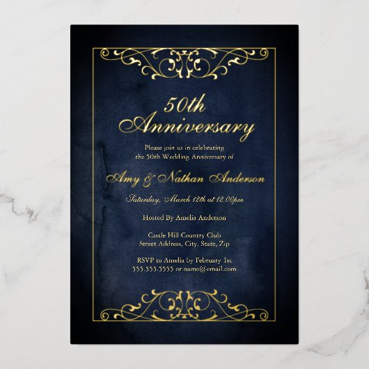 Elegant Navy Gold 50ste bruiloft Jubileum Folie Uitnodiging (Voorkant)