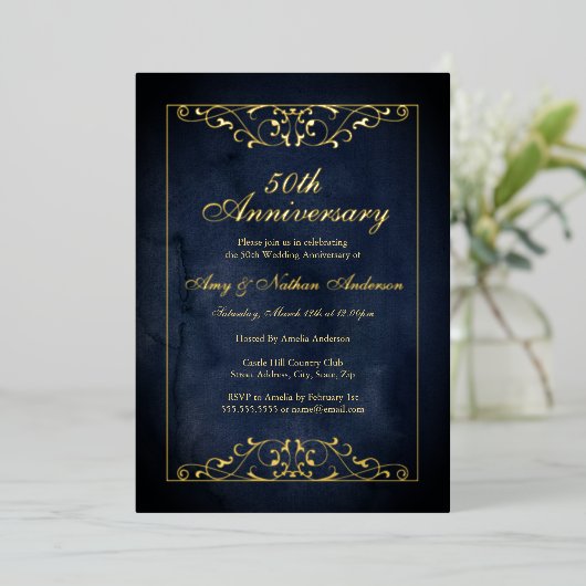 Elegant Navy Gold 50ste bruiloft Jubileum Folie Uitnodiging (Staand Voorkant)