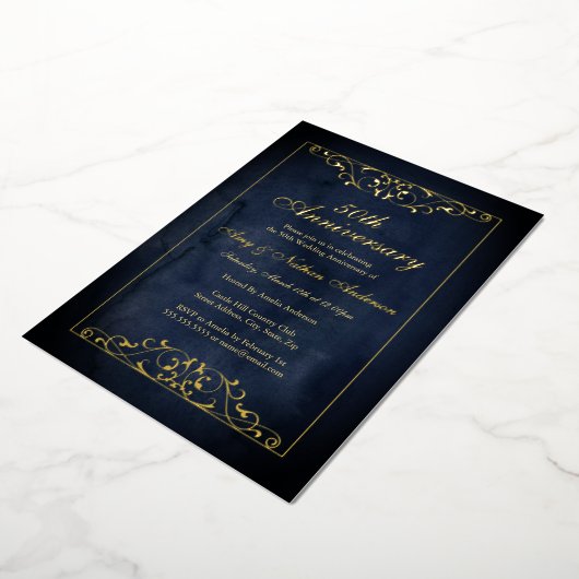 Elegant Navy Gold 50ste bruiloft Jubileum Folie Uitnodiging (Gedraaid)