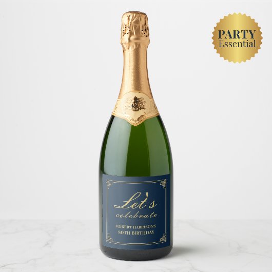 Elegant Navy Gold 80th Birthday Let's Celebrate Sparkling Wijnetiket