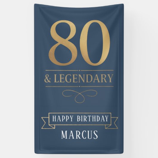 Elegant Navy & Gold 80th & Legendary Birthday Spandoek (Verticaal)