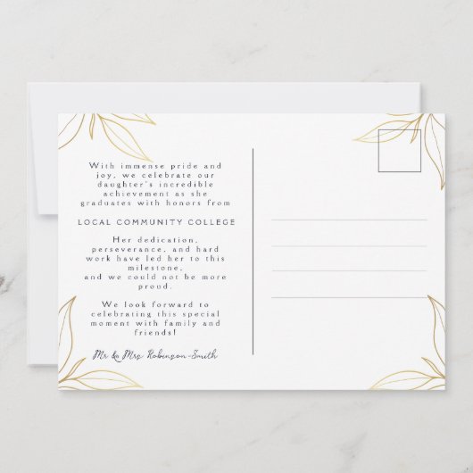 Elegant Navy Gold Afstuderen Aankondiging Briefkaa (Achterkant)