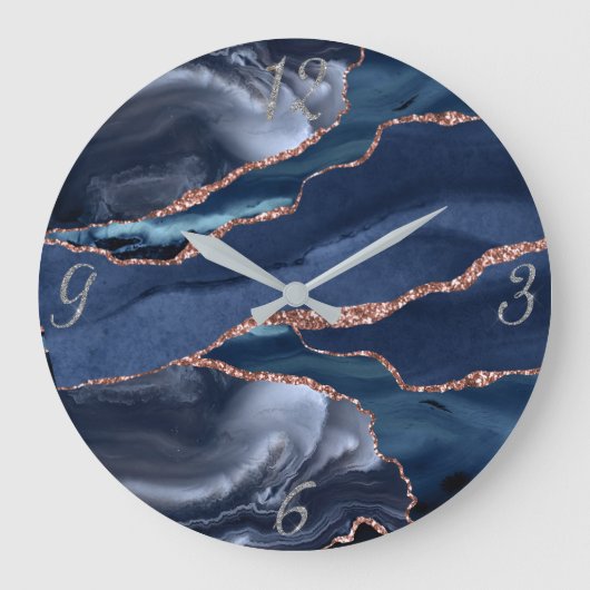 Elegant Navy Gold Agate Abstract Silver Numbers Grote Klok (Voorkant)