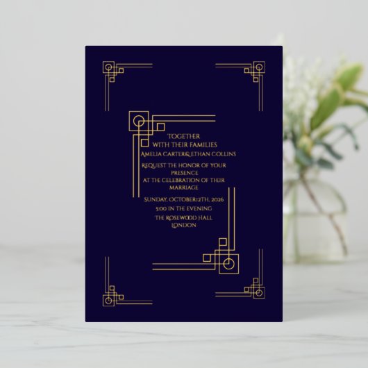Elegant Navy& Gold Art Deco Personalized Folie Uitnodiging (Staand Voorkant)