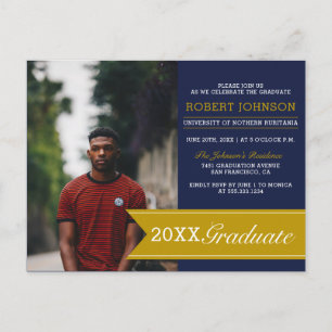 Elegant Navy & Gold Banner Foto Graduparty Uitnodiging Briefkaart