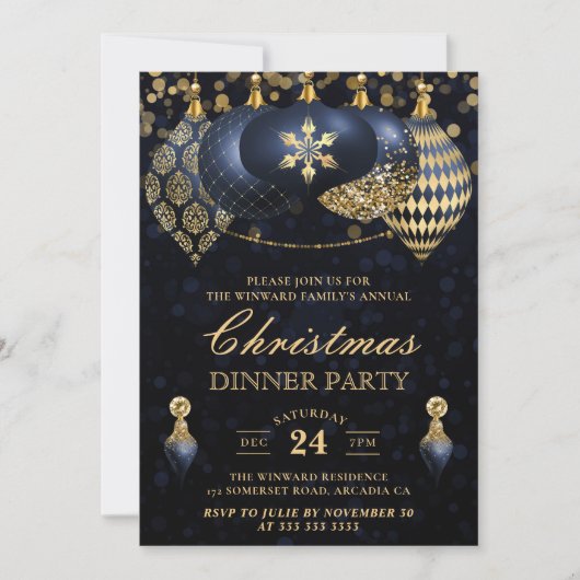 Elegant Navy & Gold Baubles kerstdiner Kaart (Voorkant)