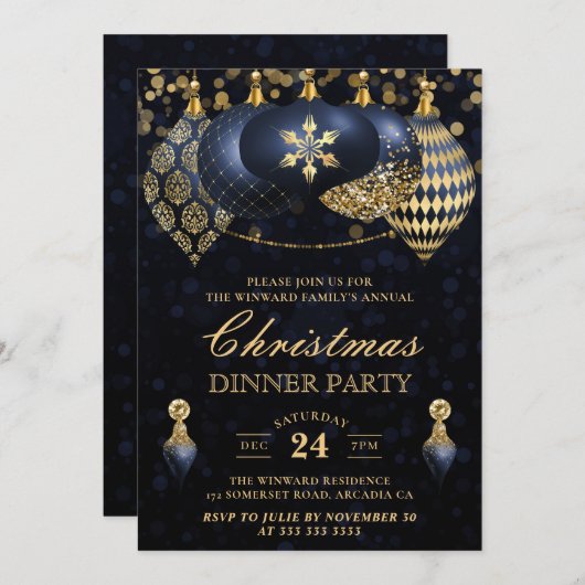 Elegant Navy & Gold Baubles kerstdiner Kaart (Voorkant / Achterkant)