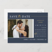 Elegant Navy Gold Bewaar de datum Kalender QR Code Briefkaart (Voorkant / Achterkant)