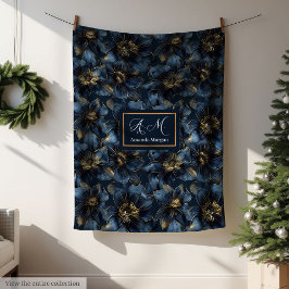 Elegant Navy Gold Blanket Custom Name Floral Art Fleece Deken