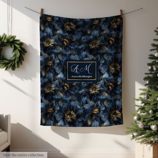 Elegant Navy Gold Blanket Custom Name Floral Art Fleece Deken