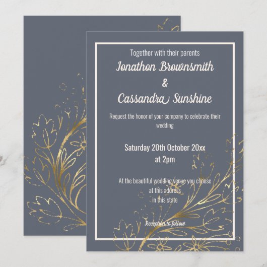 ELEGANT NAVY GOLD BLUSH LEAF WEDING KAART (Voorkant / Achterkant)
