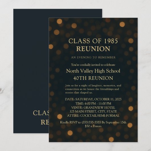 Elegant Navy Gold Bokeh 40th Reunion Invitation Kaart (Voorkant / Achterkant)