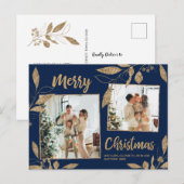 Elegant Navy Gold Botanical 2-foto met kerstmis Briefkaart (Voorkant / Achterkant)