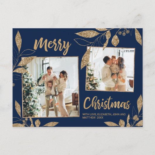 Elegant Navy Gold Botanical 2-foto met kerstmis Briefkaart (Voorkant)
