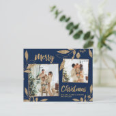 Elegant Navy Gold Botanical 2-foto met kerstmis Briefkaart (Staand voorkant)