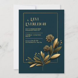 Elegant Navy Gold Botanical Wedding Kaart