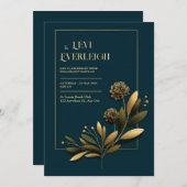 Elegant Navy Gold Botanical Wedding Kaart (Voorkant / Achterkant)