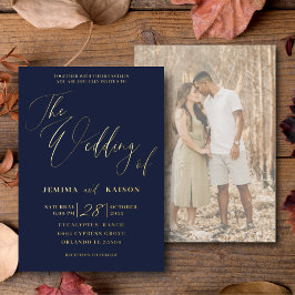 Elegant Navy Gold Calligraphy Wedding Invitation Folie Uitnodiging