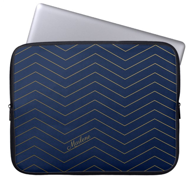 Elegant Navy-Gold Chevron Pattern met aangepaste n Laptop Sleeve (Voorkant)