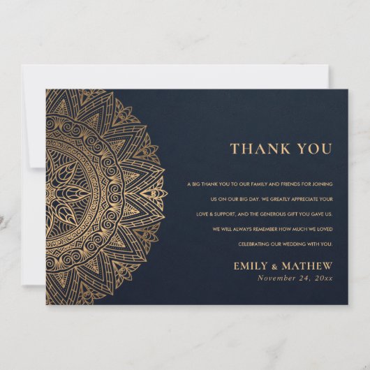ELEGANT NAVY GOLD CLASSIC  MANDALA WEDDING BEDANKKAART (Voorkant)