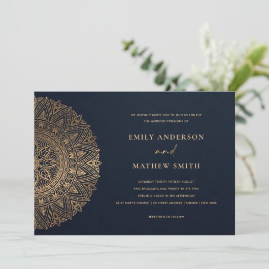 ELEGANT NAVY GOLD CLASSIC  MANDALA WEDDING KAART (Staand voorkant)