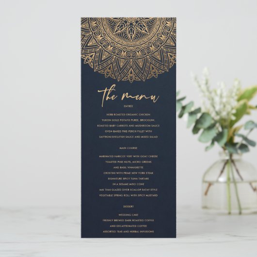 ELEGANT NAVY GOLD CLASSIC  MANDALA WEDDING MENU (Staand voorkant)