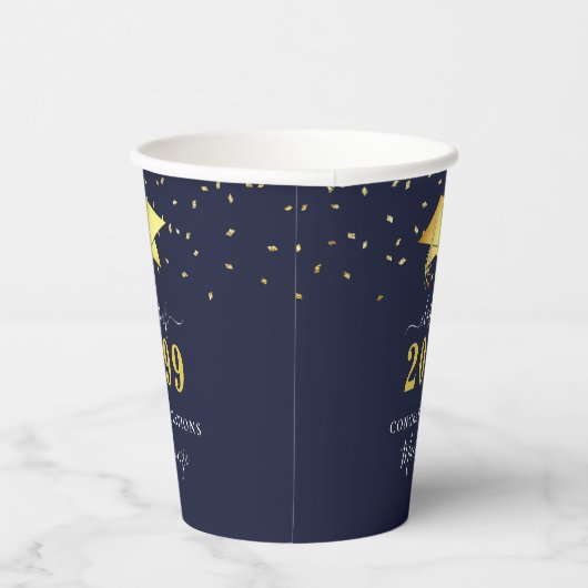 Elegant Navy Gold Confetti Script Afstuderen Papieren Bekers (Rechts)