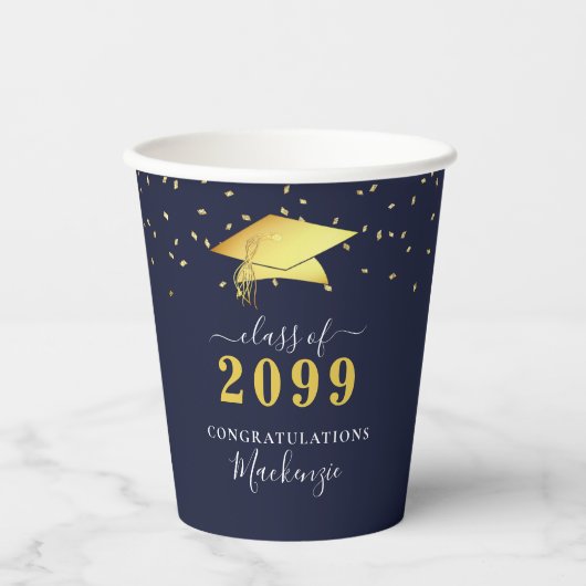 Elegant Navy Gold Confetti Script Afstuderen Papieren Bekers (Voorkant)