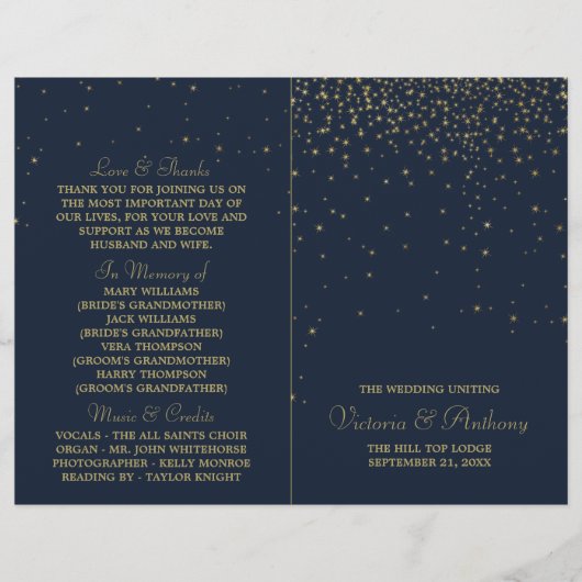Elegant Navy & Gold Falling Stars Wedding Programm (Voorkant)